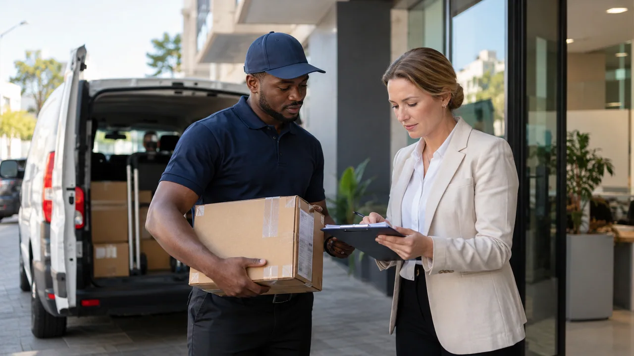 Black African courier and white business customer checking a carton beside an unbranded van