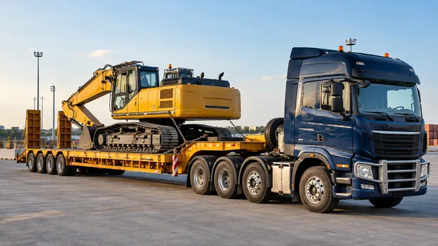 Low-bed trailer in a logistics yard